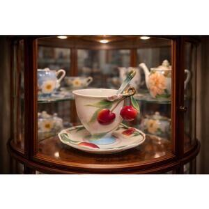Franz Cherry Cup Saucer Spoon Set FZ00181 2003 Hand Painted Porcelain 3D